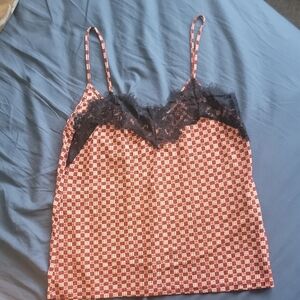 Zara Checked Cami Top - Burgundy & Cream